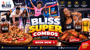 Enjoy Bliss Super Combos in Accra with bowling or trampoline, pizza, chicken wings and refreshing drinks. Great value for kids, adults, families and friends. Book now! Focus Keyphrase: Bliss Family Entertainment combos