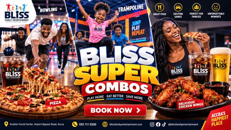 Enjoy Bliss Super Combos in Accra with bowling or trampoline, pizza, chicken wings and refreshing drinks. Great value for kids, adults, families and friends. Book now! Focus Keyphrase: Bliss Family Entertainment combos