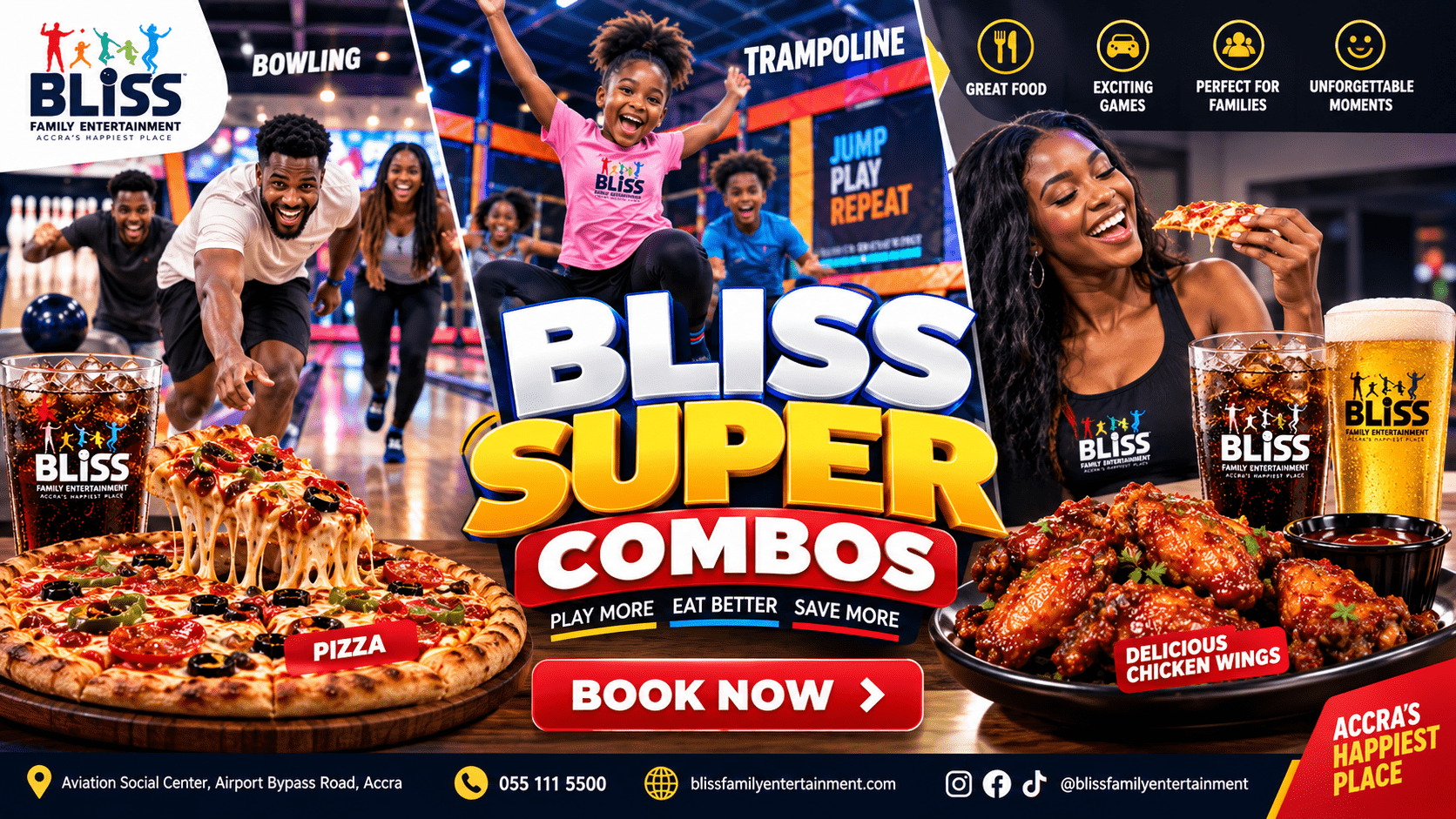 Enjoy Bliss Super Combos in Accra with bowling or trampoline, pizza, chicken wings and refreshing drinks. Great value for kids, adults, families and friends. Book now! Focus Keyphrase: Bliss Family Entertainment combos